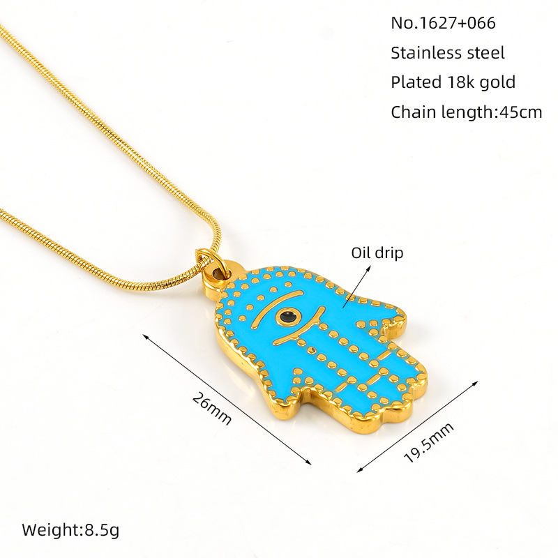 Europa y América retro mano de Fátima colgante azul turco ojos palma del diablo ojo collar de acero inoxidable mujer