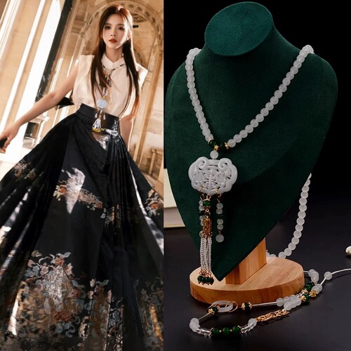 Ethnic-style long Chinese-style jade ornament necklace with cloud-shaped tassels, national style matched with horse face skirt, ancient-style Hanfu accessory collar