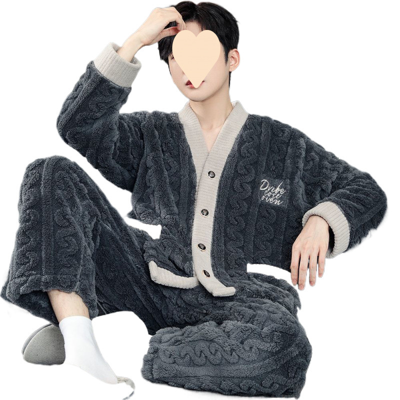 가을과 겨울 산호 양털 파자마 남성용 두꺼운 플란넬 세트 한국 긴팔 카디건 청소년 홈 의류 플러스 사이즈