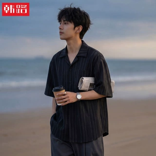 复古老钱风撞色条纹短袖衬衫男夏季款古巴领衬衣垂感潮牌上衣外套