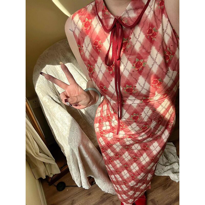 【Lychee】2026 New Retro Improved Style Lapel Sleeveless Cheongsam Daily Plaid Dress Rose Summer 【Lychee】2026 New Retro Improved Style Lapel Sleeveless Cheongsam Daily Plaid Dress Rose Summer