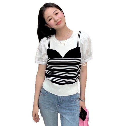 Spring knitted woolen shirt for women, Korean new round collar, gentle style, lady's splicing, Western-style casual short-sleeved shirt, trendy