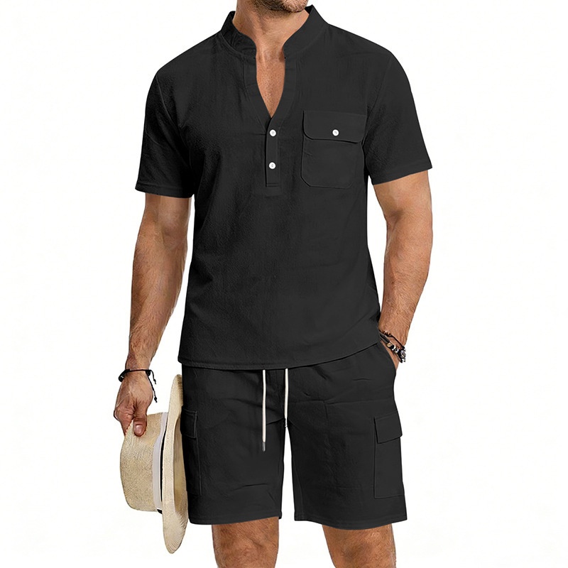 Men's Linen Henley Short Sleeve Shirt & Shorts Set, Breathable Summer Casual Outfit For Outdoor Travel And Daily Relaxation_viptrois.com