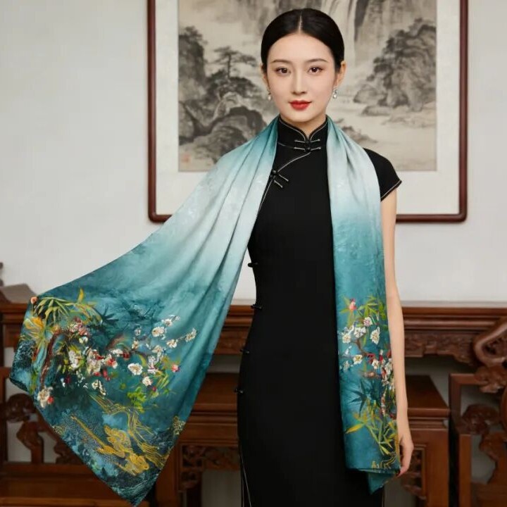 Hangzhou Silk Direct Sales Oversized Shawl Silk Scarf Satin Scarf with Landscape Motifs as a Gift for Foreign Friends
