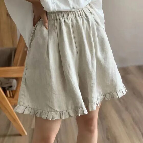 2023 Summer new cotton and linen shorts women's retro heavy-duty wooden ear lace-up elastic waist wide-leg pants casual shorts