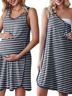 2025 Cross-Border New European and American 1-Piece Elegant Striped Sleeveless Maternity Dress (Polyester