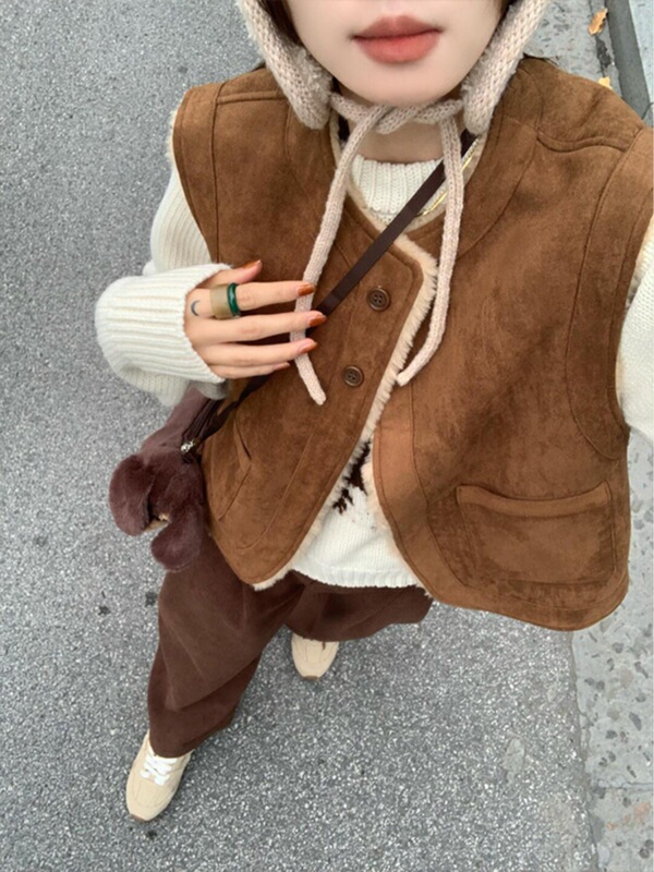 港风复古休闲羊羔毛马甲女秋冬新款时尚双面穿皮毛一体背心外套潮|undefined