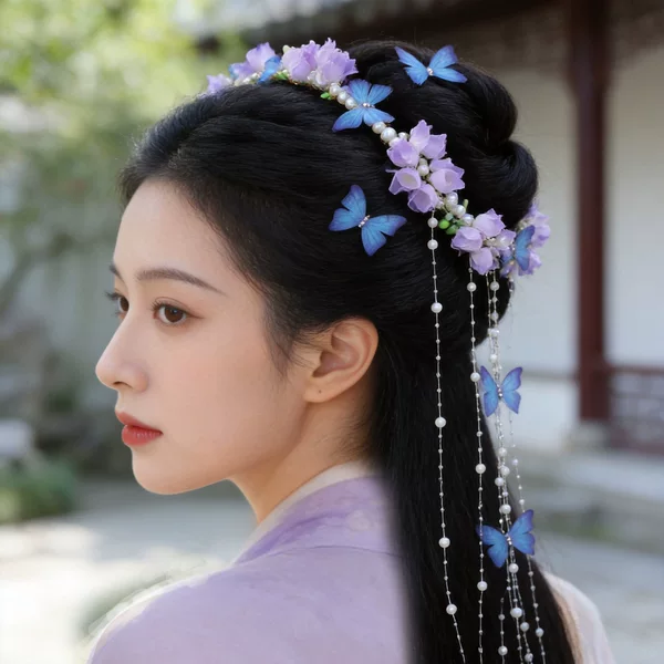 Ethereal long tassel butterfly wreath, ancient style travel photo shoot hair accessory, new Chinese style vacation photo headpiece, Hanfu headdress