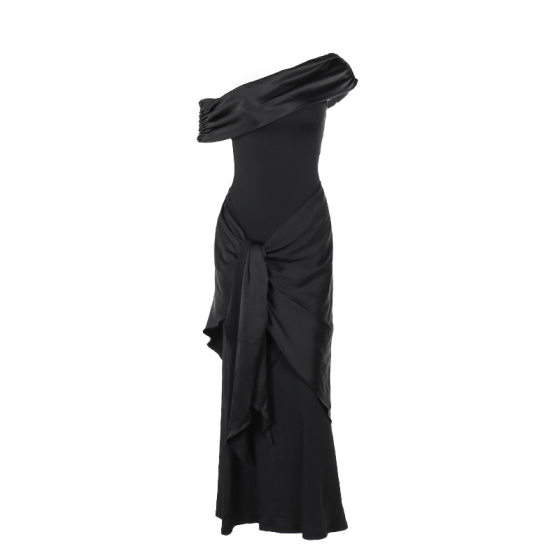 YJ23706 One-Shoulder Mesh Strap Dress dress Ins European and American-style New Elegant Slim-fit Black Long Dress for Women