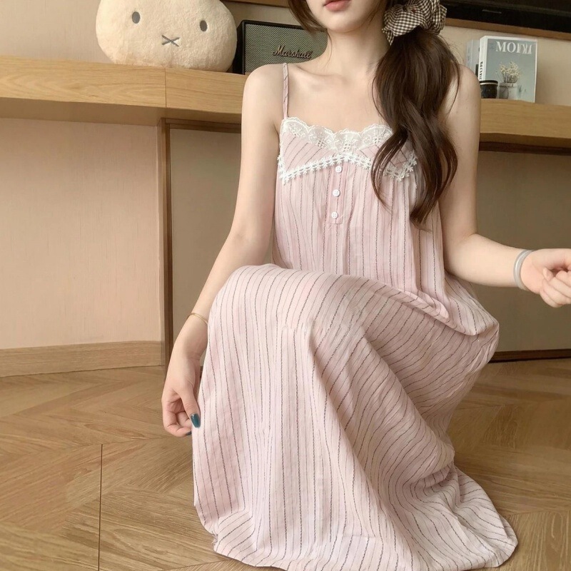 Lazy Striped Cloud Cotton Camisole Nightgown for Women with Chest Pads, Summer Princess Sweet Lace, Can Be Worn Outside as Loungewear Lazy Striped Cloud Cotton Camisole Nightgown for Women with Chest Pads, Summer Princess Sweet Lace, Can Be Worn Outside as Loungewear