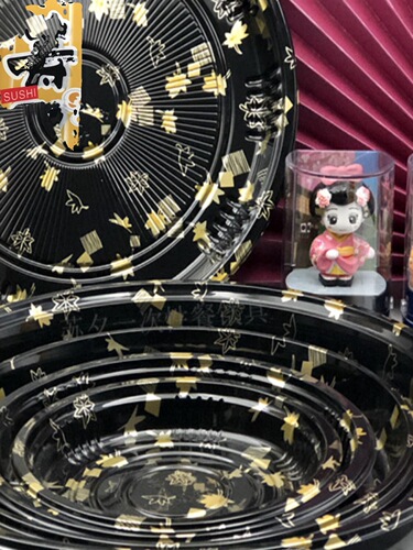 Disposable Japanese high-lid printed sushi packaging box rectangular round salmon sashimi platter for takeaway