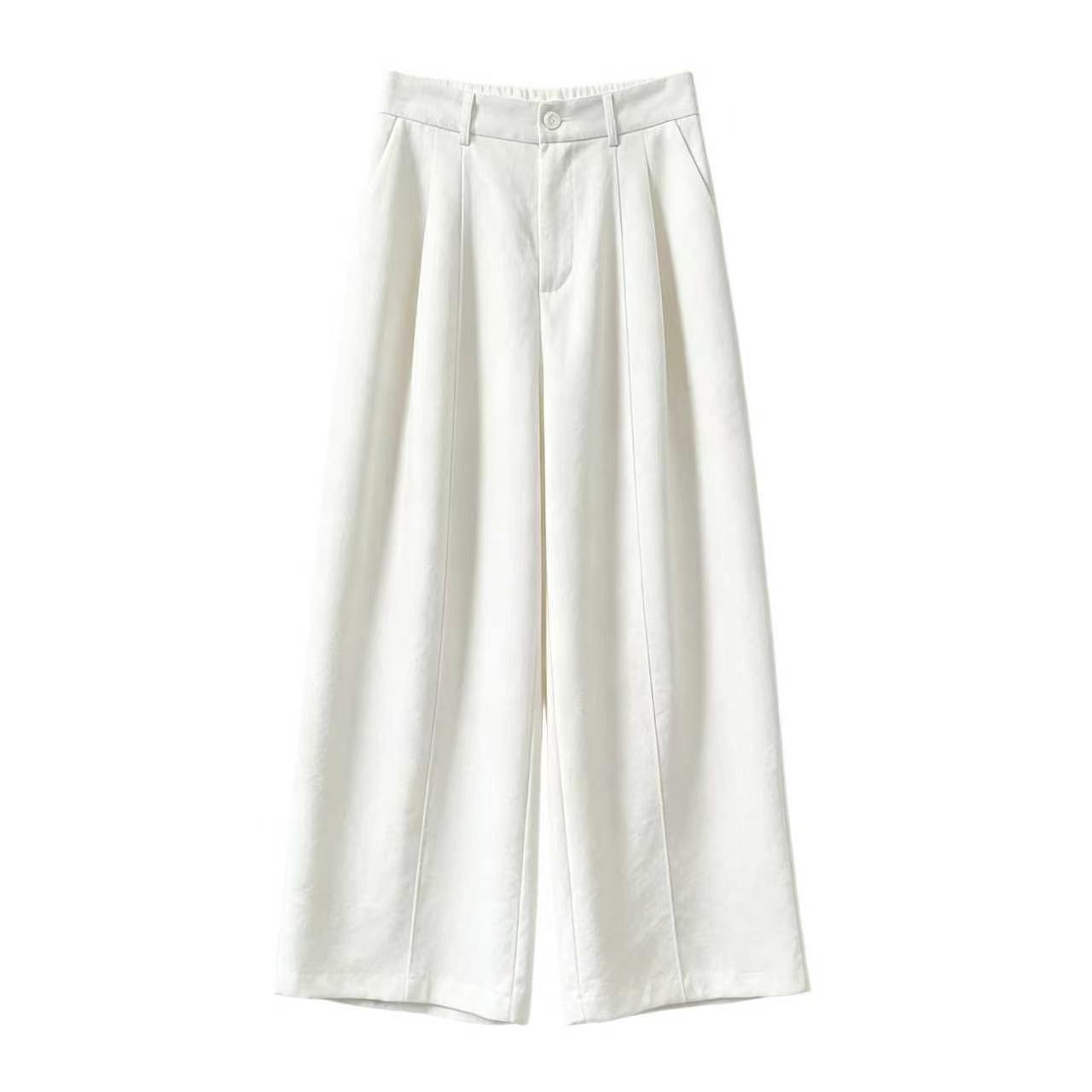 White Cotton Linen Wide Leg Pants Straight Leg Elegant Versatile Loose Slimming Simple Casual Cropped Summer Style_ecoleips.com