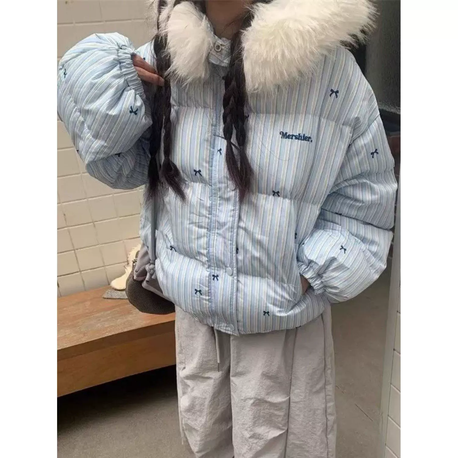 甜美蝴蝶结印花条纹连帽棉服女冬季韩系慵懒风加厚面包服