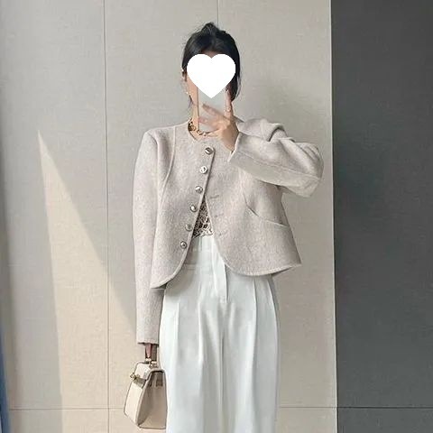 小香风外套女新款圆领单排扣双面呢子大衣女设计感小个子呢子上衣|undefined