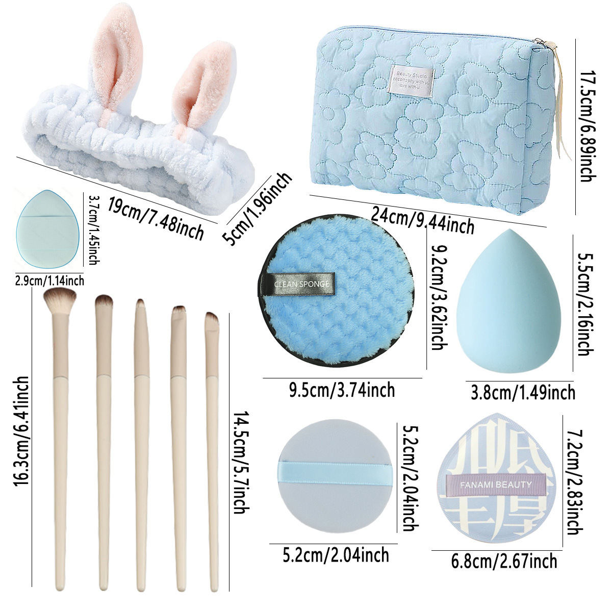 23 juegos de herramientas de belleza, combinación grande con bolsa de cosméticos, banda para el cabello con borla de polvo, antes y después del maquillaje, cubierta de viaje íntima