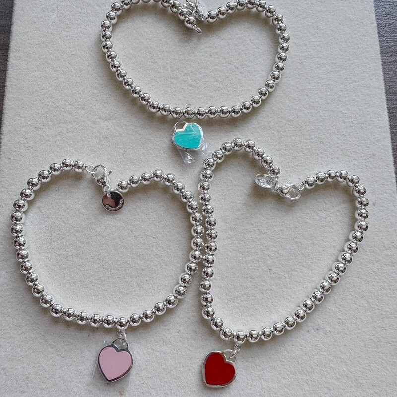 T Brand Heart-Shaped Enamel Blue Heart Red Heart Pink Heart Bracelet Love Beads Round Bead Chain Valentine's Day Gift for Girlfriend