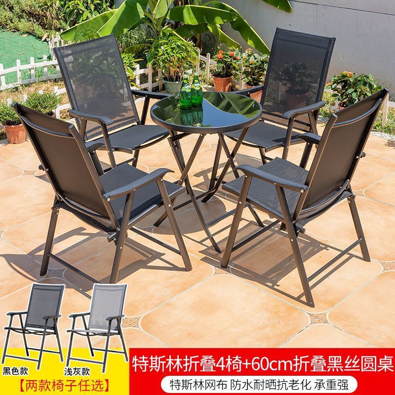 Tesla plegable 4 sillas + mesa redonda de seda negra plegable de 60 cm
