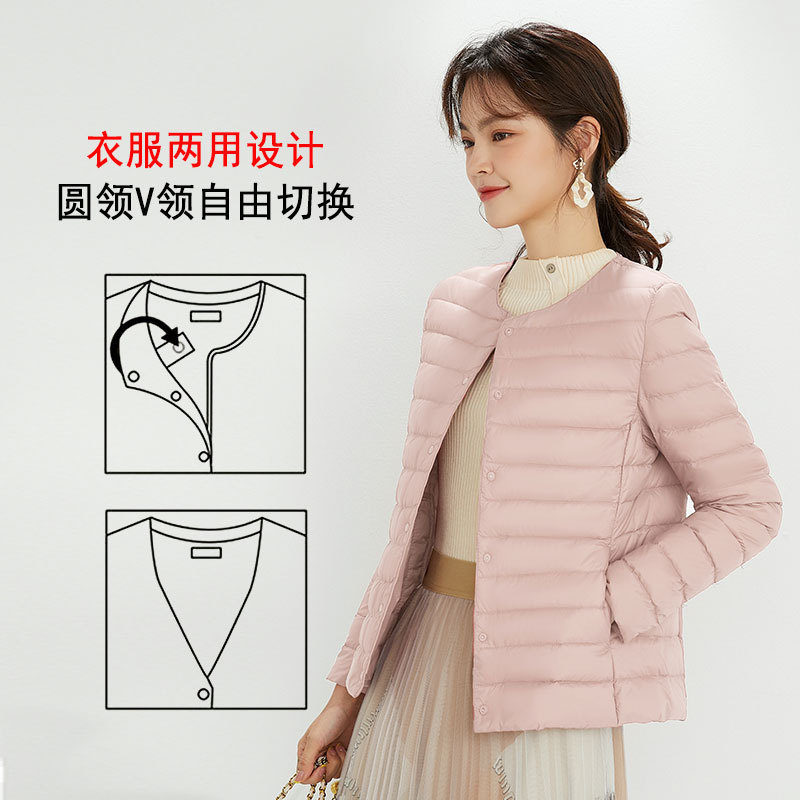 Nuevo chaqueta de plumón ligera para mujeres de invierno y otoño, chaqueta de cuello redondo de cuello en V, doble chaqueta corta grande y delgada