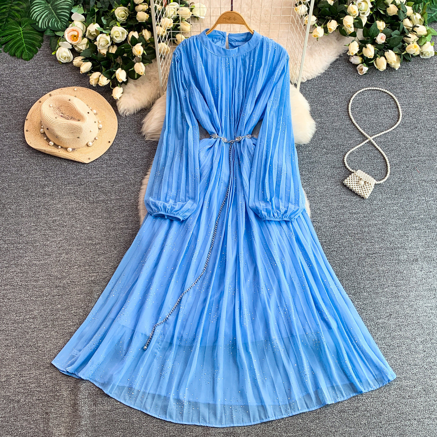 Women's French Style Light Luxury Sparkly Rhinestone round Neck Long Sleeve Dress Summer Slimming Pleated Long Skirt_ecoleips.com
