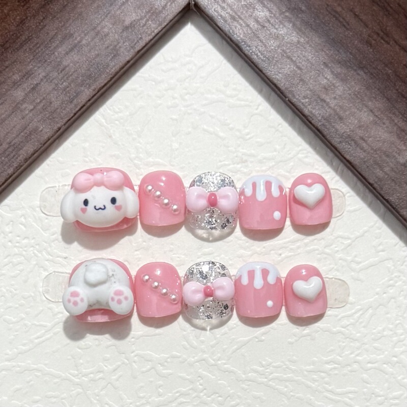 Children's Handmade Wearable Nails, Stereo Cute Cinnamon Dog Bow Manicure Cartoon Patches, Handmade Nails Removable