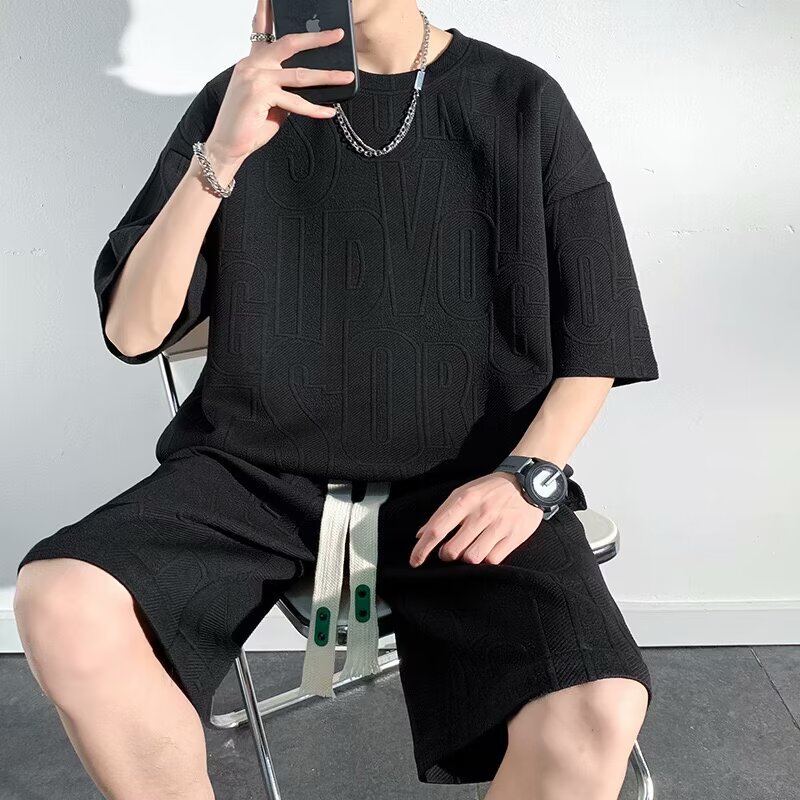 Shirt Less Clothing Summer New Three-dimensional Alphabet Jacquard Suit Boys Salt Casual Sports Pants Two-piece Set