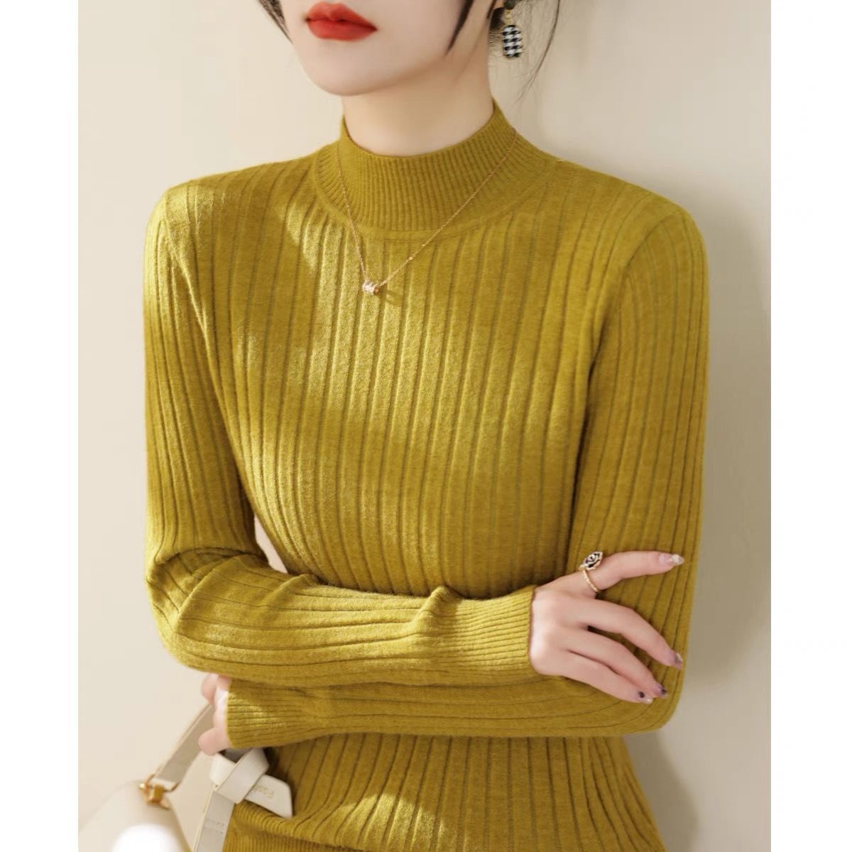 Women's Slim Fit Thick Knitted Base Layer Sweater, 2025 New Style, High Neck Long Sleeve Sweater, Stylish Inner Layer Top