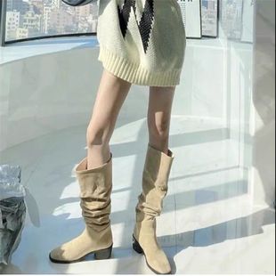 Knight boots Women's Fashionable Vintage suede thick heel pointed high boots brown pleated pile European and American long boots shoes