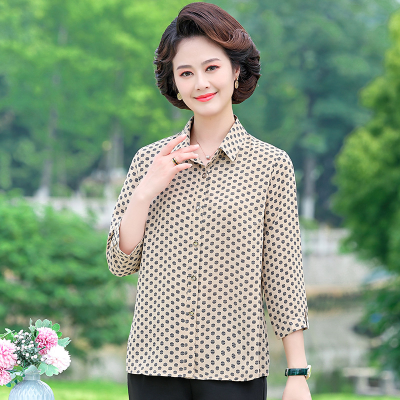 夏季新款天丝混纺七分袖衬衫凉爽poio领妈妈装薄开衫中老年女装，女装衬衫，妃慕昵服饰