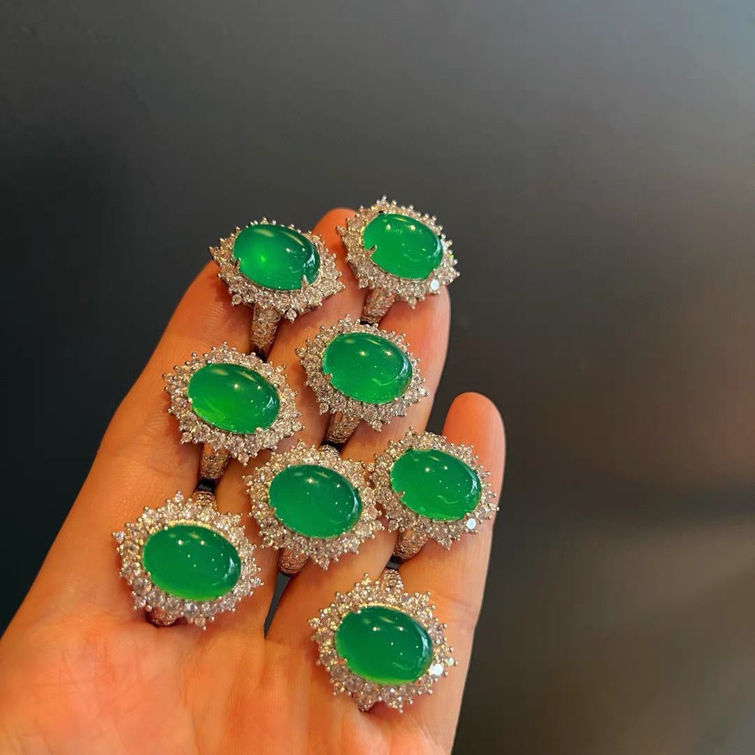 批发冰种绿玉髓戒指女款开口可调节翡翠帝王绿玉石玛瑙高级感女戒