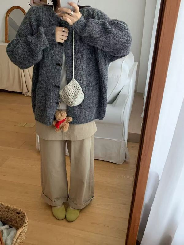法式复古牛角扣针织开衫女秋冬新款跨境宽松慵懒风加厚毛衣外套女|undefined