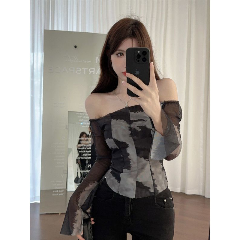 Spice Girls Mesh Thin Tie-Dye Shoulder Shirt Women's Summer New Vacation Fashion Slim-fit Sunscreen