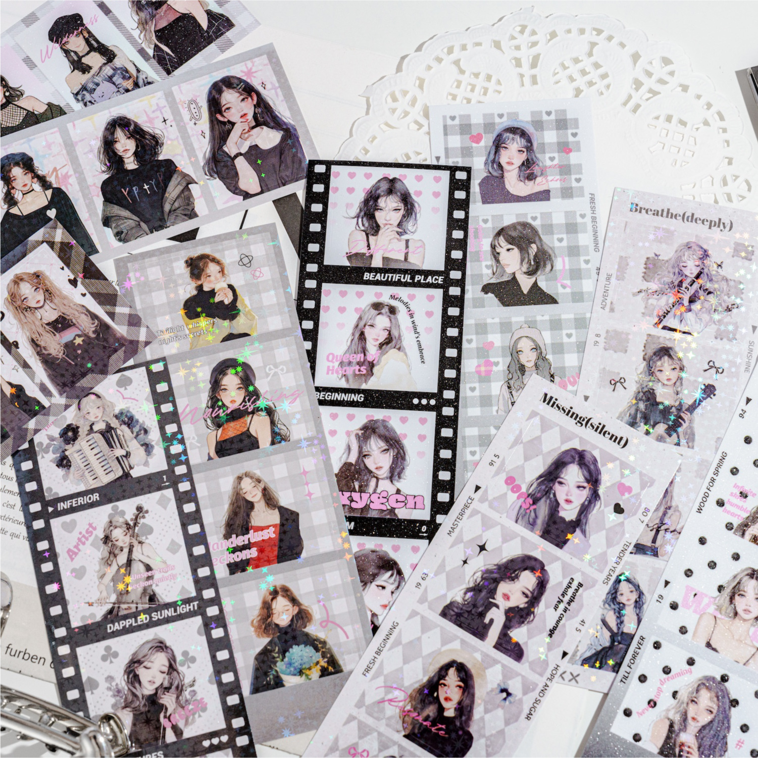 Azúcar poesía flash arena placa de papel de bronce pegatinas cortadas por matriz en la vida de cuatro series de pegatinas de niñas cuentas de mano pegatinas decorativas