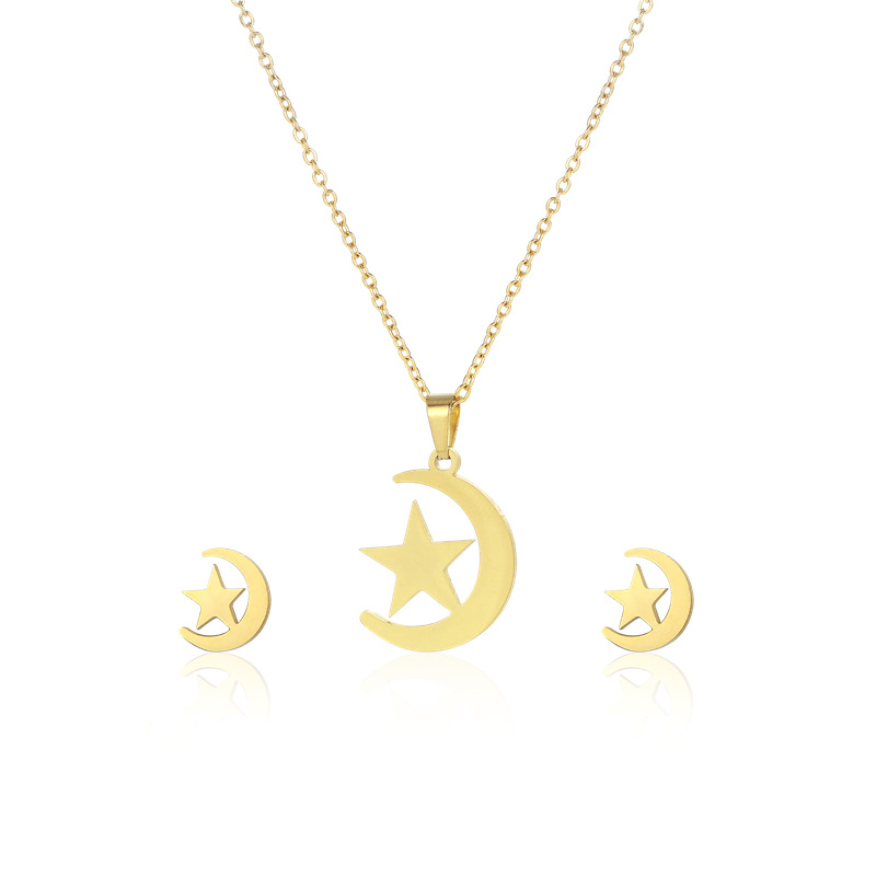 new star necklace earrings set stainless steel star and moon 18K gold-plated two-piece jewelry