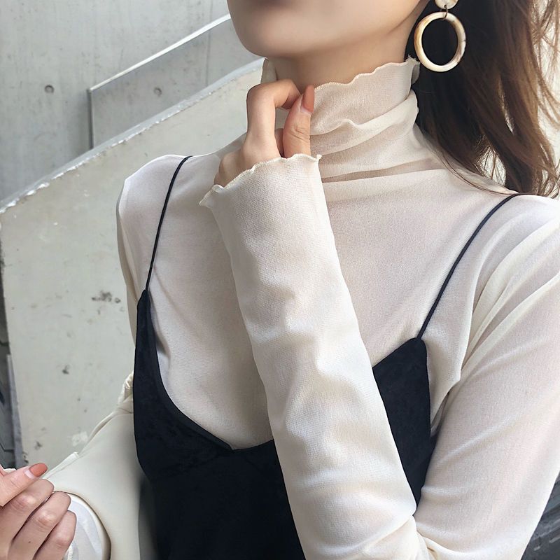 Slim High-Neck Long-Sleeve Lace Base Shirt for Women, Thin Mesh Top, Spring and Autumn White Ruffled T-Shirt Trendy