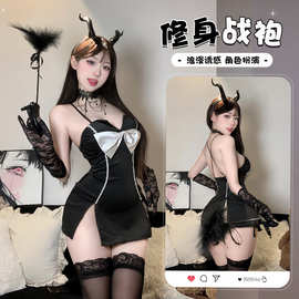 性感情趣内衣女御姐开衩吊带镂空长裙夜店装情趣制服免脱睡裙2907