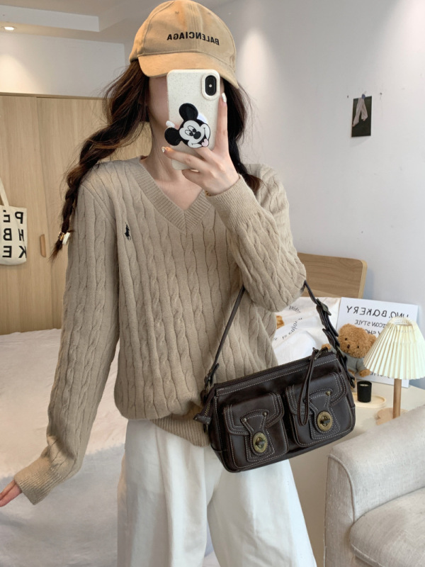 韓国風麻花Vネック無地プルオーバー長袖ニットセーター女性用刺繍入り秋冬トップスins風|undefined