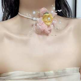 韩版仙气甜美少女浅紫色花朵鱼线珍珠锁骨链小众设计choker颈链