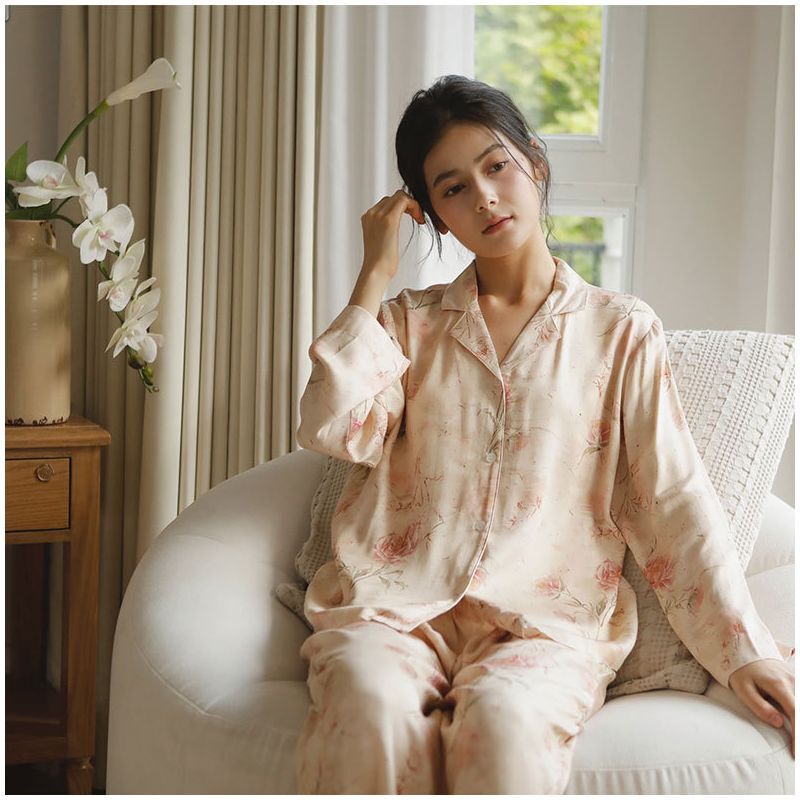 New Rayon Satin Cardigan-Style Loungewear with Beautiful Alice Rose Print Long-Sleeve Set Pajamas