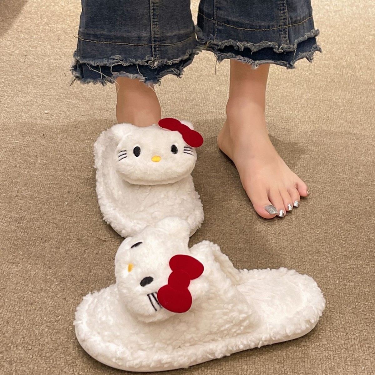 可爱毛毛绒拖鞋女款冬季2024新款室内保暖家居时尚小猫外穿棉拖鞋