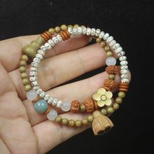 绿檀檀香木国风双圈手串念珠花朵金刚星月佛珠手链女士饰品礼品