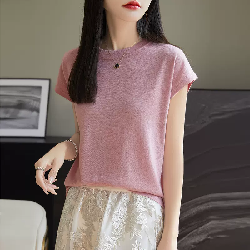 莱赛尔圆领上衣天丝针织短袖t恤女夏2025新款纯色百搭打底衫批发