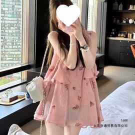 法式气质粉色印花背心连衣裙女夏季温柔甜美宽松无袖裙子a字短裙
