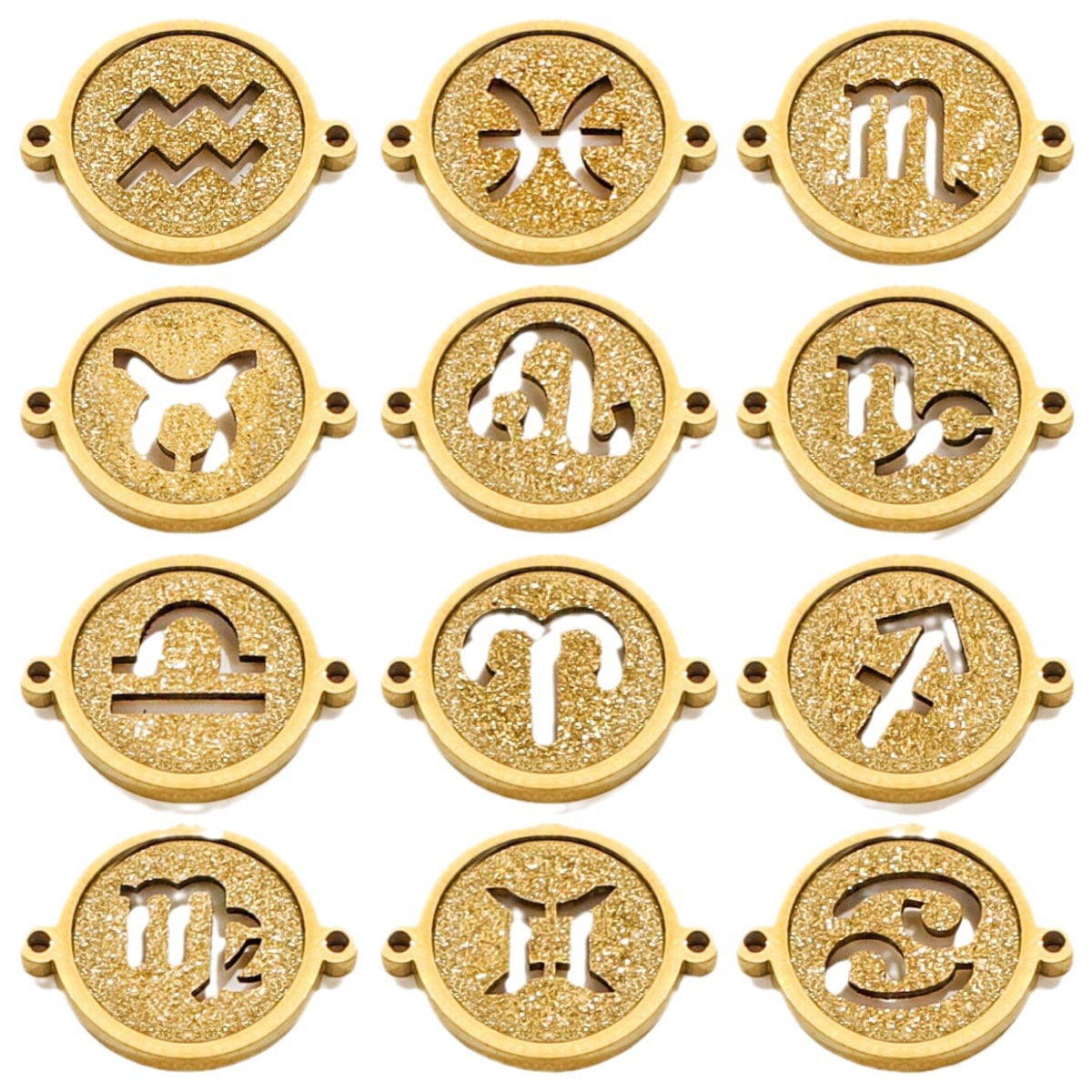 Doble agujero circular prensado arena 18K acero inoxidable doce constelación colgante diseño de personalidad popular DIY joyería colgante