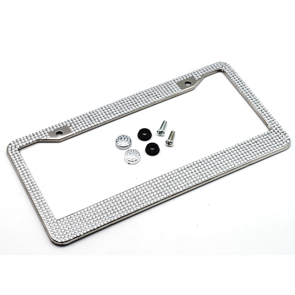 Yà mǎ Stainless Steel License Plate Frame with Rhinestones US Standard (License plate holder/license plate holder) - round-hole-acrylic-white-rhinestones