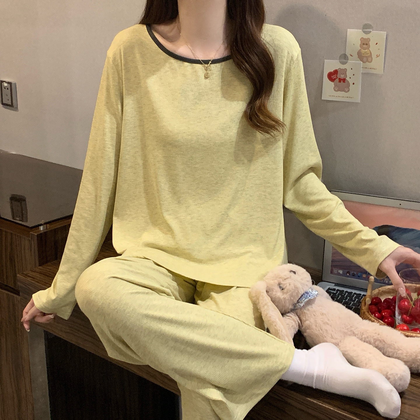 长袖睡衣女生2026年春秋季人棉长袖休闲宽松简约居家服两件套装
