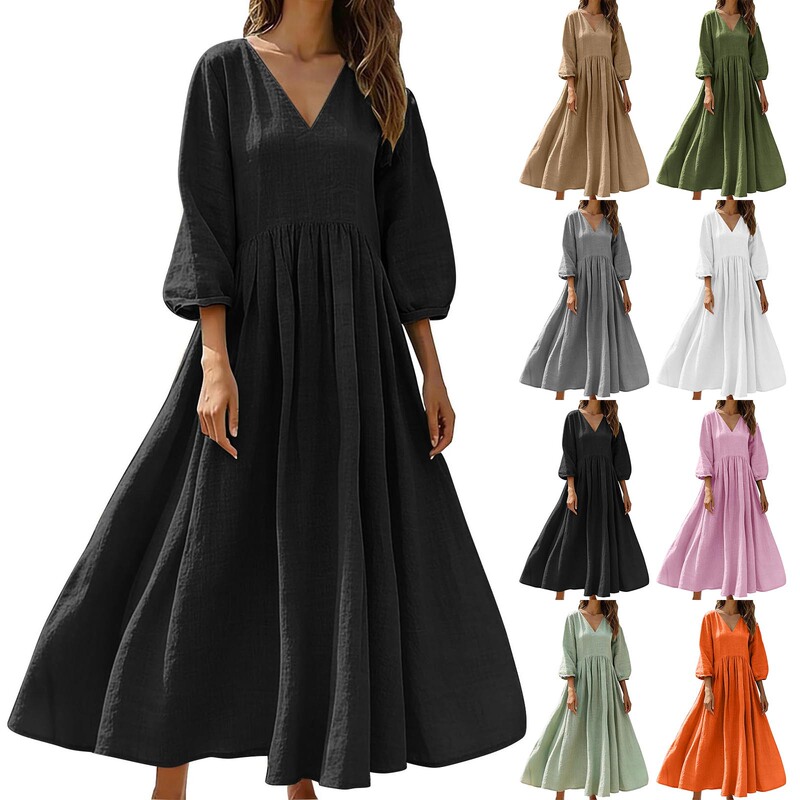 Cross-Border Amazon European and American Independent Site Bohemian Vacation Cotton and Linen Long Dress with Pockets V-Neck Pleated Dress