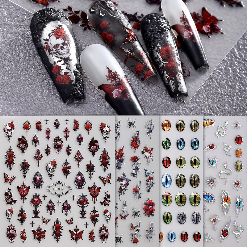 Cross-Border New Halloween Nail Art Stickers Embossed 5D Dark Gothic Style Blood Rose Soft Glue Decal Nail Stickers