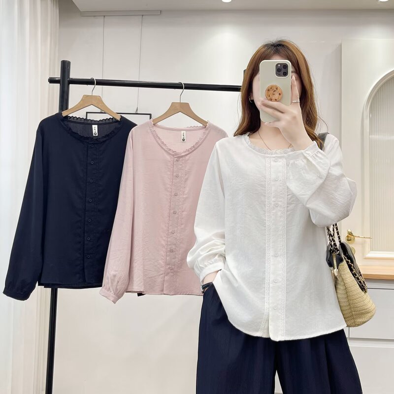 Autumn minimalist style long-sleeve shirt for women, loose fit, round neck, buttoned base shirt, plus size women's lace collar shirt 515 Autumn minimalist style long-sleeve shirt for women, loose fit, round neck, buttoned base shirt, plus size women's lace collar shirt 515