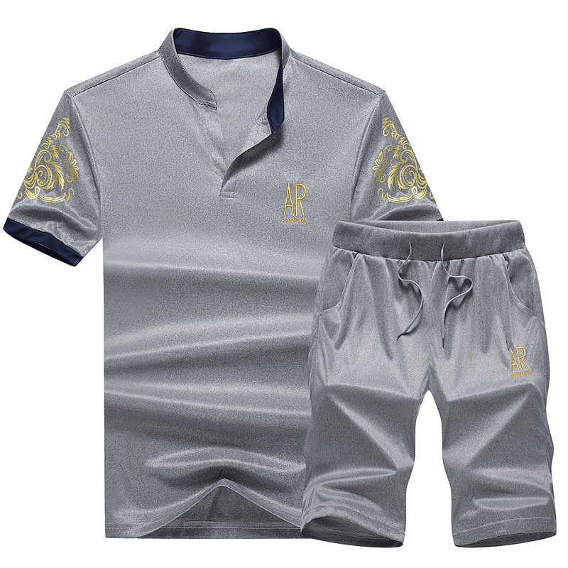 Trajes deportivos transfronterizos para hombres, trajes deportivos de verano de manga corta, camisetas de cuello para hombres, pantalones cortos, trajes de comercio exterior