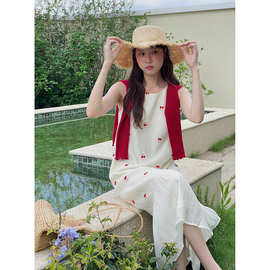 【甜樱桃】歌铭韩系刺绣背带连衣裙女装夏季网纱拼接中长裙N220C